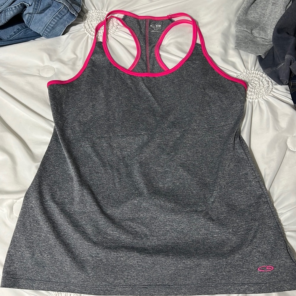 grey and pink athletic tank
